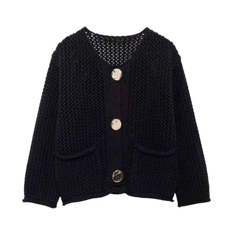 Damen Netzstrickjacke mit Taschen und Knöpfen Norvielle