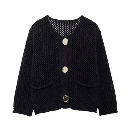 Damen Netzstrickjacke mit Taschen und Knöpfen Norvielle