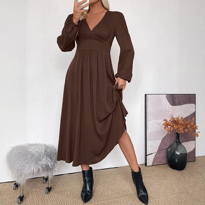 Damen Maxi-Kleid V-Ausschnitt Ballonärmel