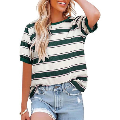 Damen Gestreiftes T-Shirt Rundhalsausschnitt Baumwolle