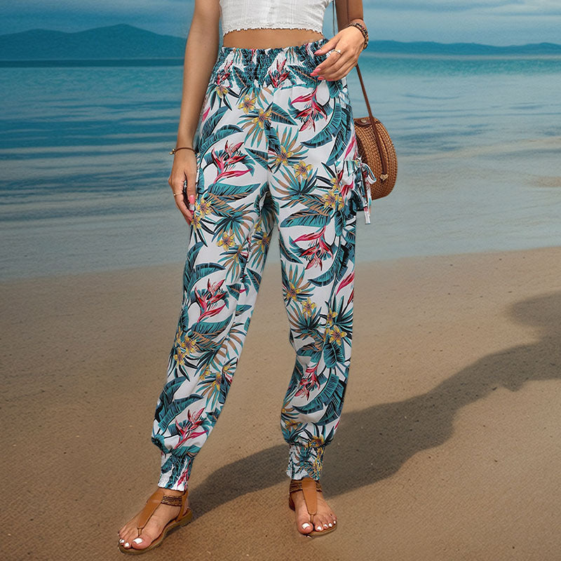 Damen Cargo-Hose Elastischer Bund Bunter Blätter-Print Norvielle