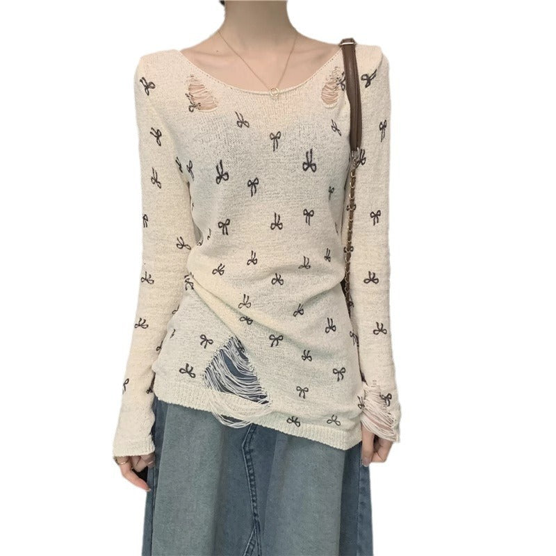 Damen Langarmshirt Risse Verspielt Motiv Norvielle