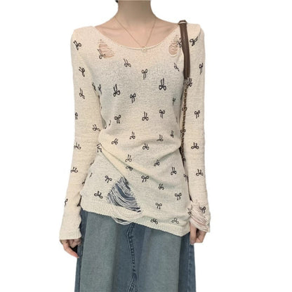 Damen Langarmshirt Risse Verspielt Motiv Norvielle