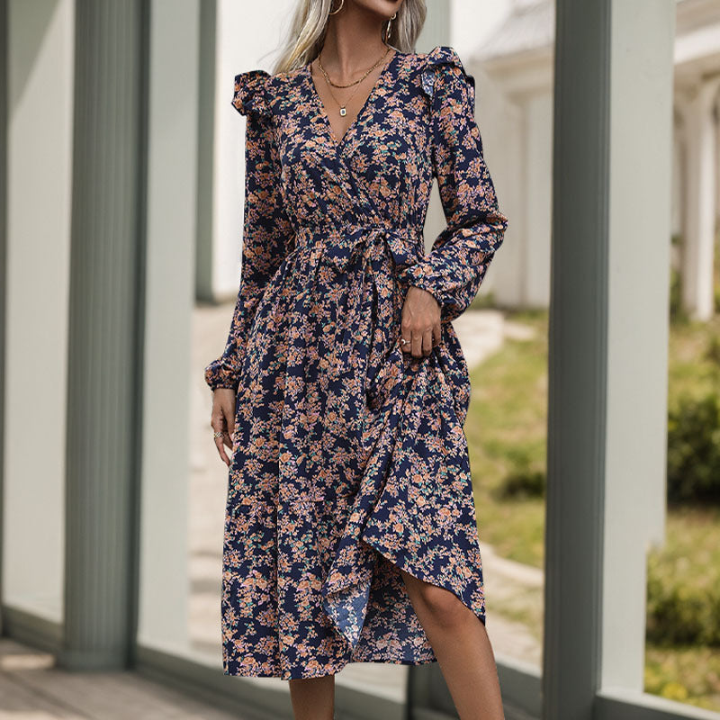 Damen Midi-Kleid Floralmuster Rüschen Elegant Blumenmuster - Norvielle