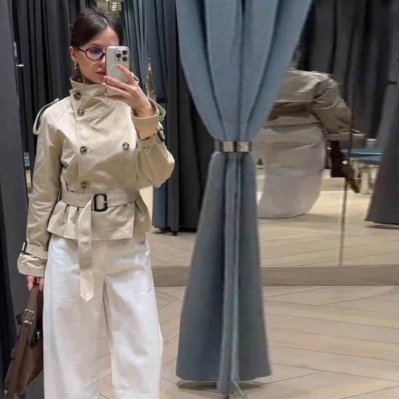 Damen Kurztrenchjacke Doppelter Knopfverschluss Taillengürtel