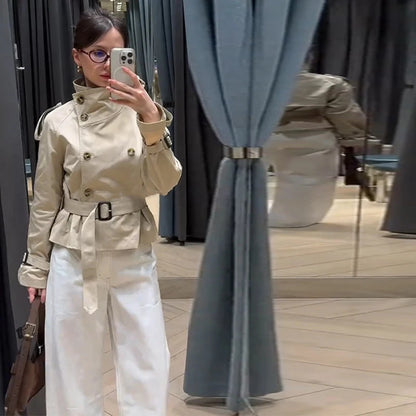 Damen Kurztrenchjacke Doppelter Knopfverschluss Taillengürtel