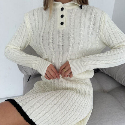 Damen Strickkleid Kragen Zopfmuster