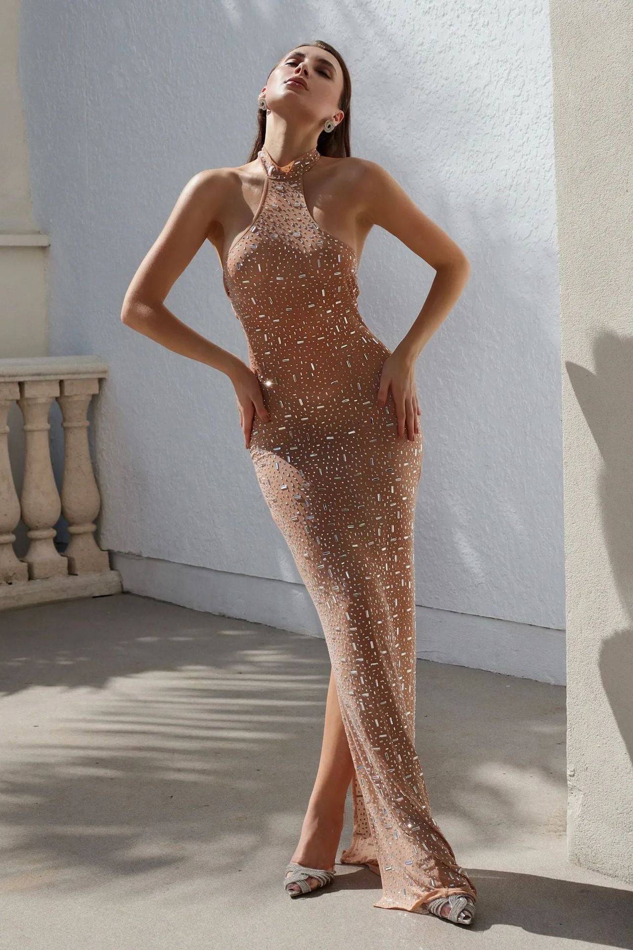 Damen Abendkleid Bodenlang Glitzer Akzente er Kragen