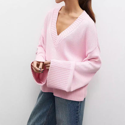 Damen Strickpullover V-Ausschnitt Breite Bündchen Norvielle