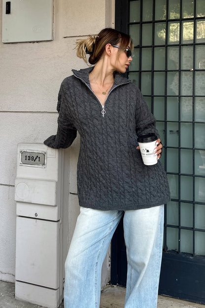 Damen Strickpullover Doppelreißverschluss Hochkragen Norvielle