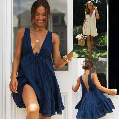 Damen Leichtkleid V-Ausschnitt Bindeband Norvielle