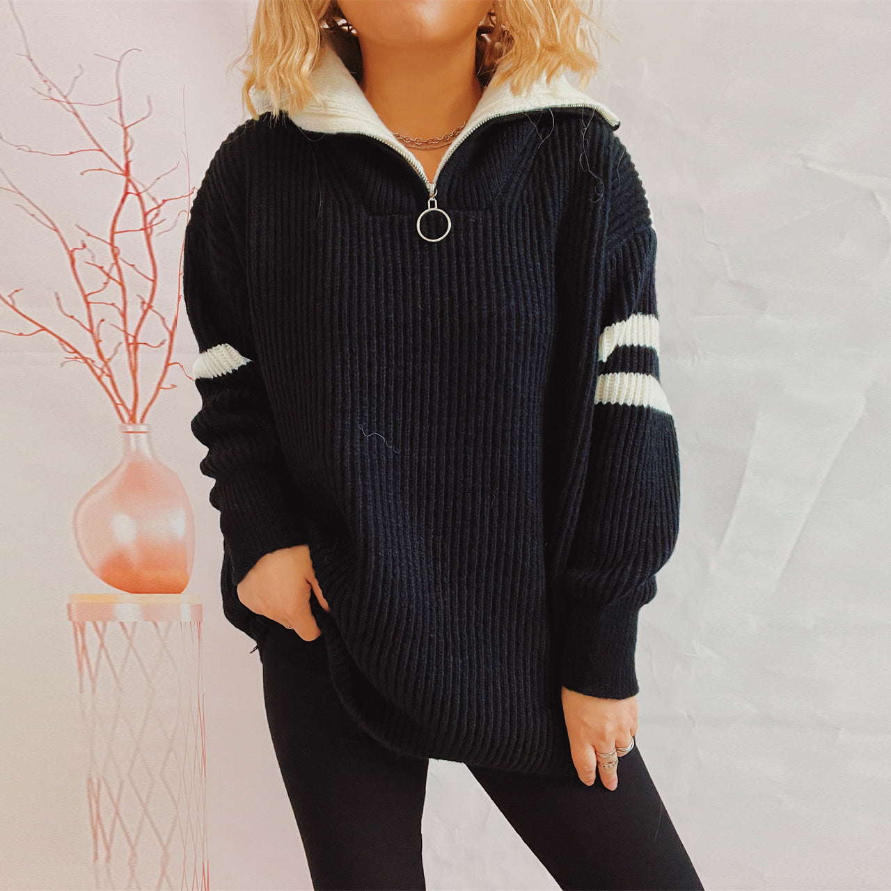 Damen Strickpullover Stehkragen Dekorative Streifen Norvielle