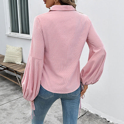 Damen Bluse Voluminöse Ärmel Streifenmuster Weiß