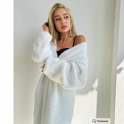 Damen Maxi Cardigan Flauschig V-Ausschnitt Oversized Norvielle