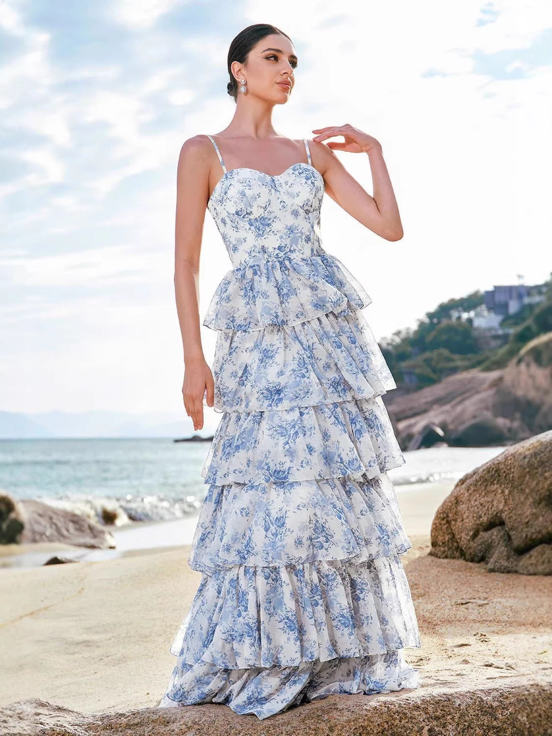 Damen Maxikleid Boho-Stil mit Blumenmuster und Herz-Ausschnitt