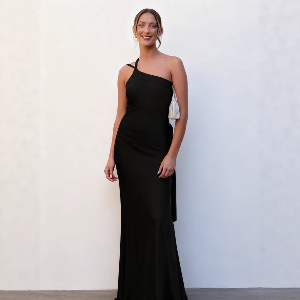 Damen Maxikleid Asymmetrischer Halter Satin Schimmernd