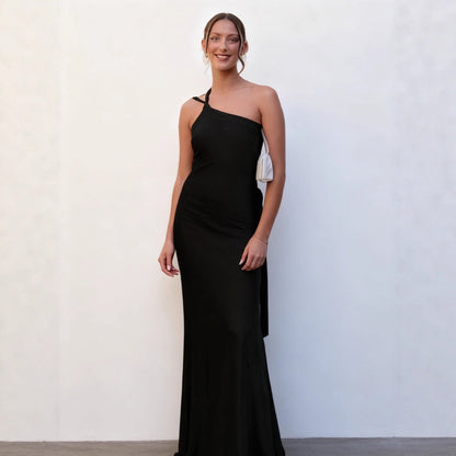 Damen Maxikleid Asymmetrischer Halter Satin Schimmernd