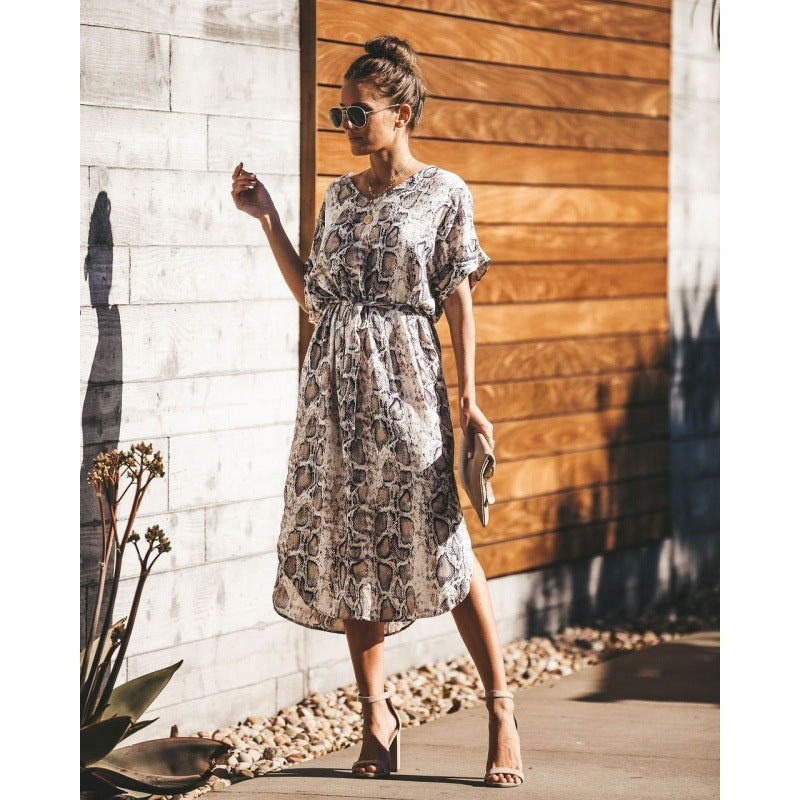 Damen Midikleid Schlangeprint Taillierter Gummizug