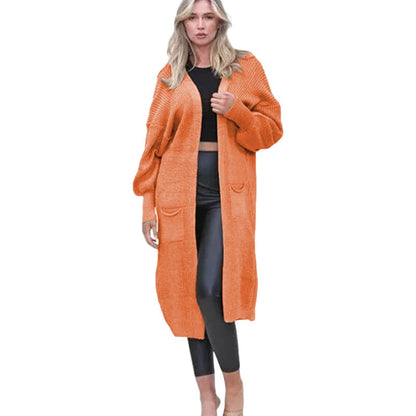 Damen Grobstrick Cardigan Offene Taschen Lässig Beige