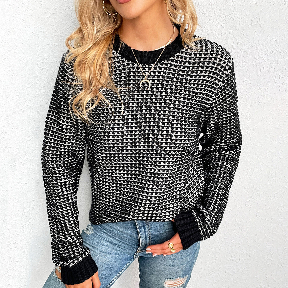 Damen Strickpullover Rautenmuster Fledermausärmel Norvielle