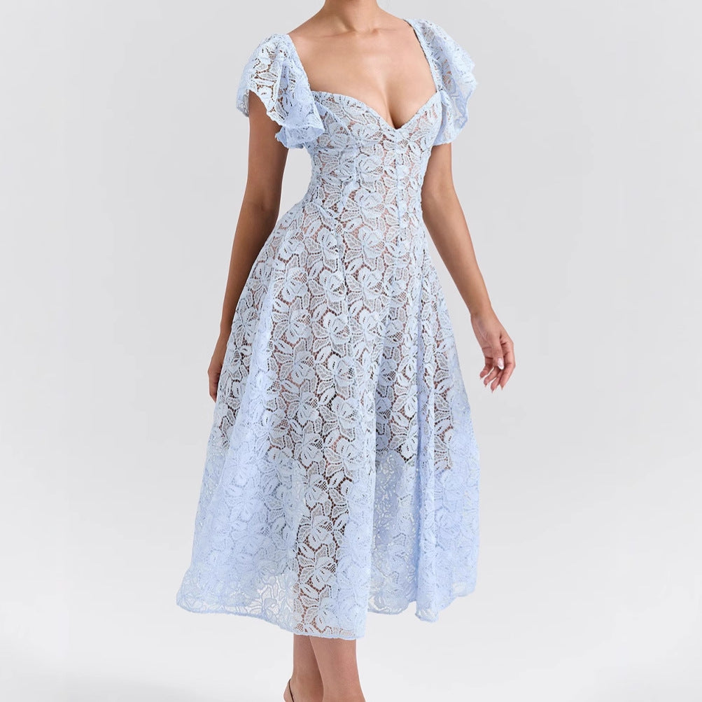 Damen Maxikleid Spitze Rüschen Herzausschnitt - Norvielle