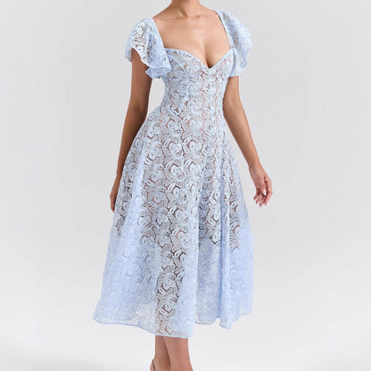 Damen Maxikleid Spitze Rüschen Herzausschnitt - Norvielle