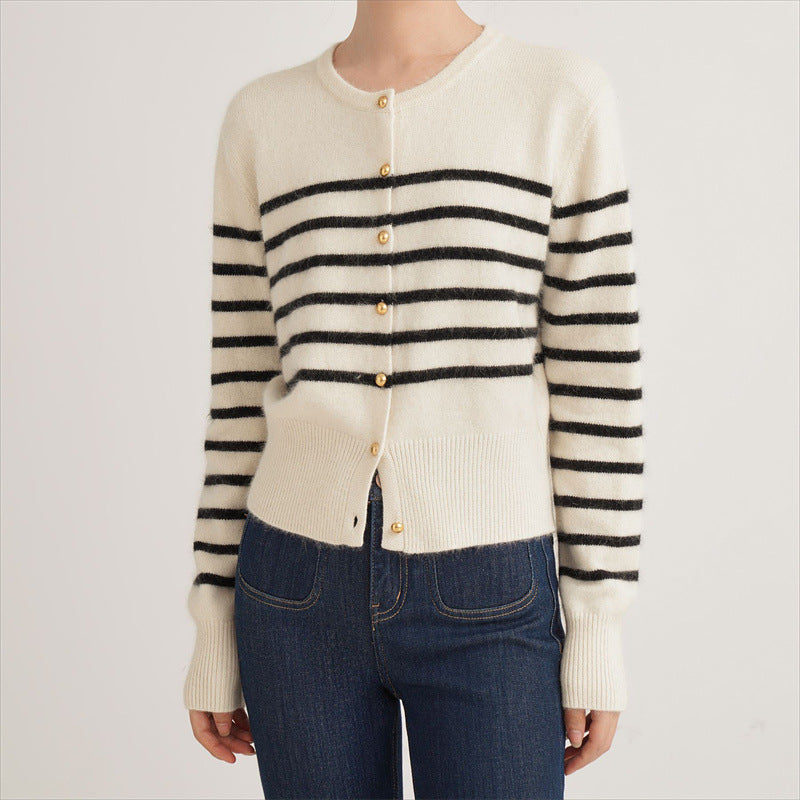 Damen Strickjacke Gestreift Feines Material Goldene Knöpfe