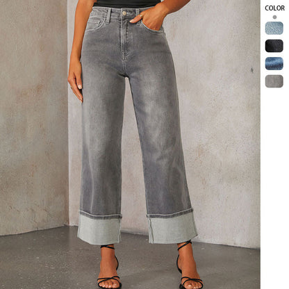 Damen Weite Denim-Jeans Kontrast-Säume Blau - Norvielle
