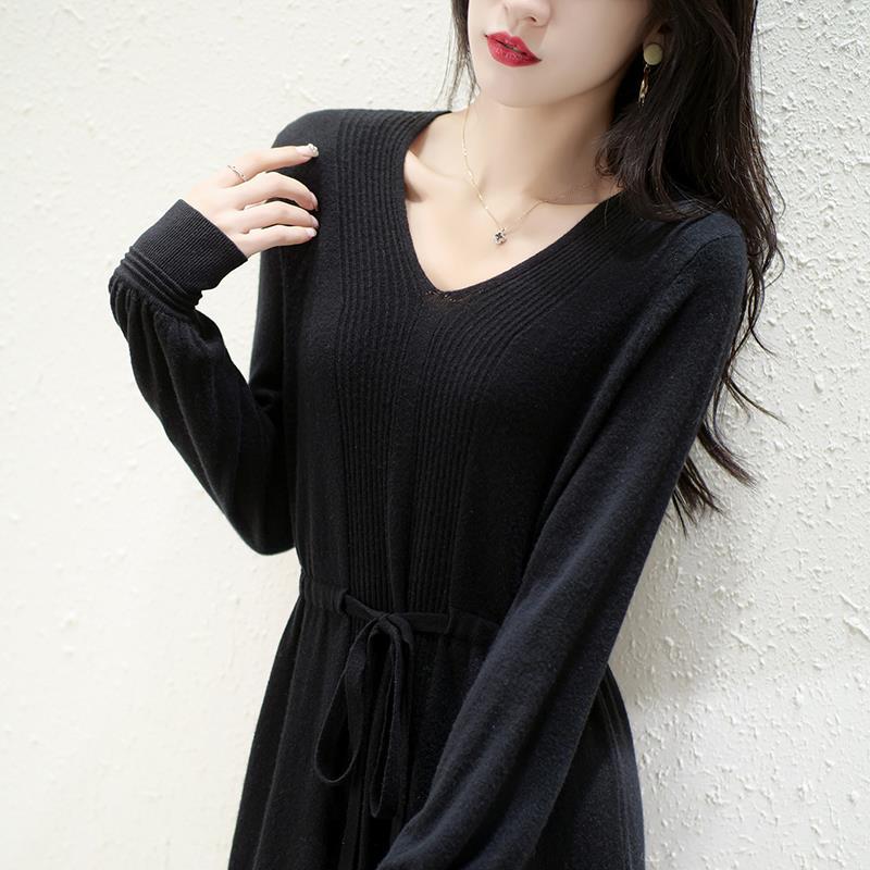 Damen Strickkleid V-Ausschnitt Taillengürtel Norvielle
