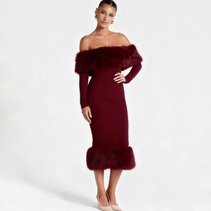 Damen Kleid Figurbetont Kunstfell Akzent