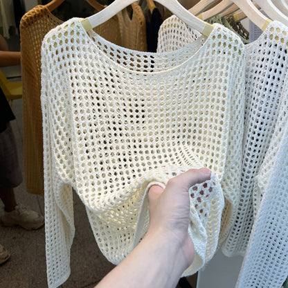 Damen Strickpullover Grobmasches Netzdesign Beige