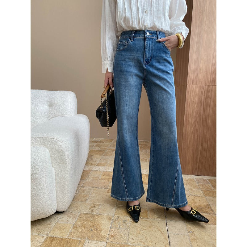 Damen Flared Jeans Hochwertiger Denim Hoher Bund Dunkelblau
