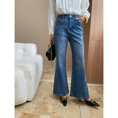 Damen Flared Jeans Hochwertiger Denim Hoher Bund Dunkelblau