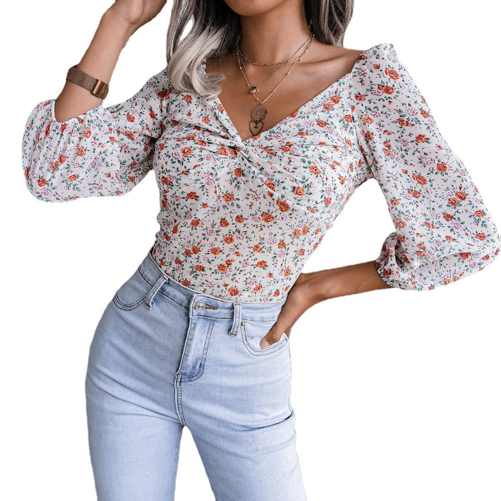 Damen Bluse Blumenprint Seitlicher Knoten Norvielle