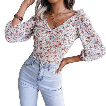 Damen Bluse Blumenprint Seitlicher Knoten Norvielle