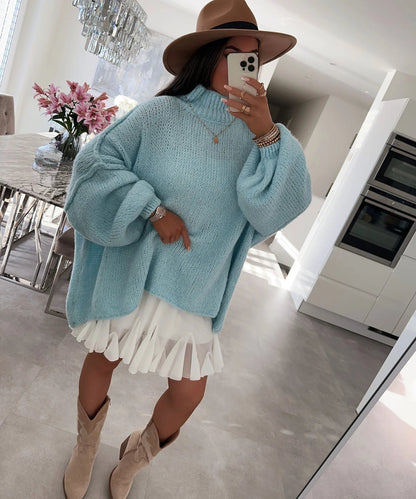 Damen Oversized Strickpullover Hochkragen Ballonärmel