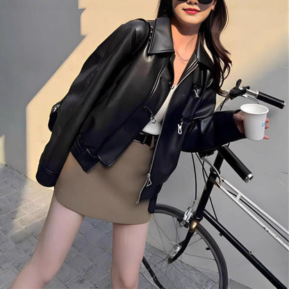Damen Kunstlederjacke Klassisches Revers Schwarz - Norvielle