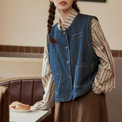 Damen Denimweste Knopfverschluss Taschen