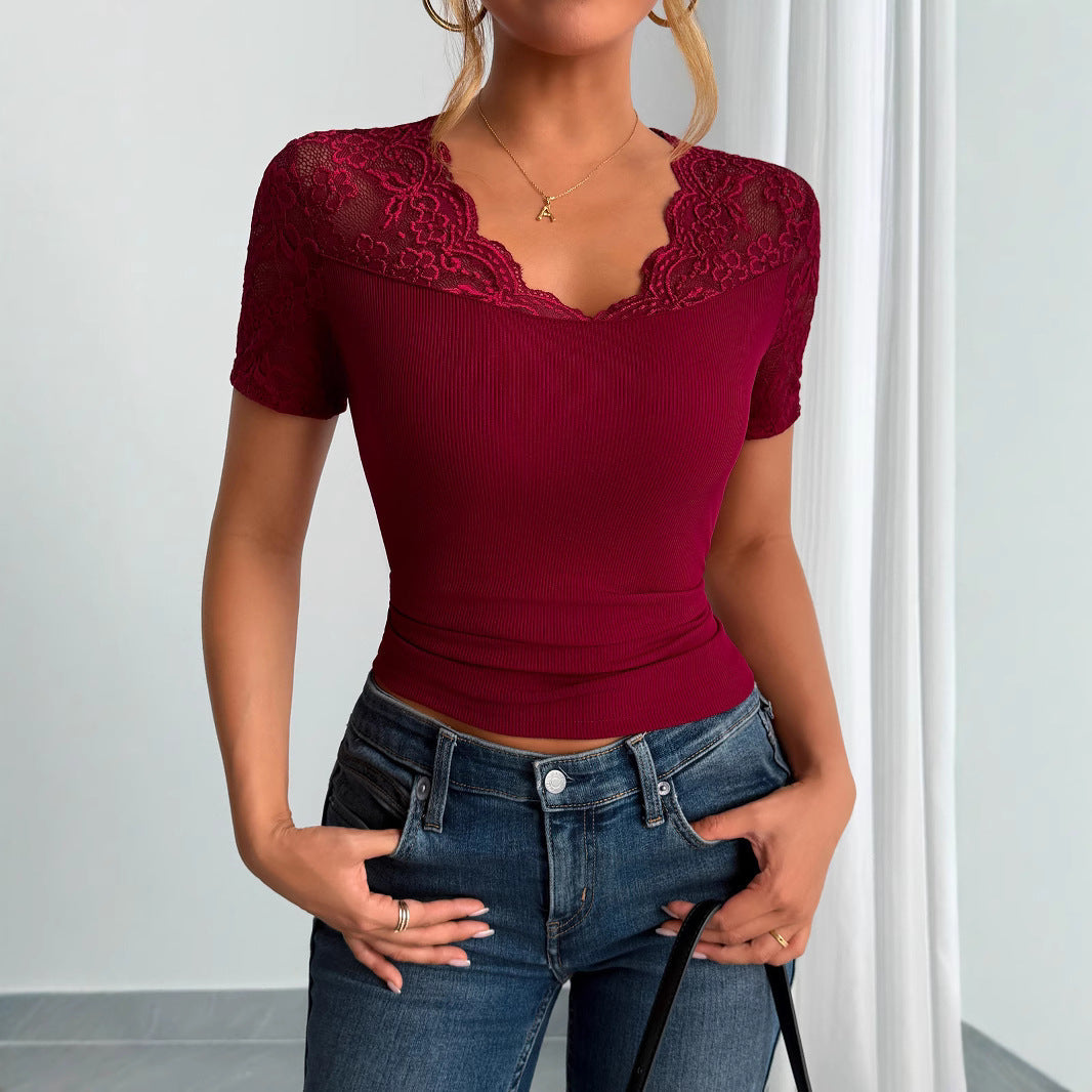 Damen Spitze Manschettenbluse Kurze Ärmel Spitze Ausschnitt Weiß