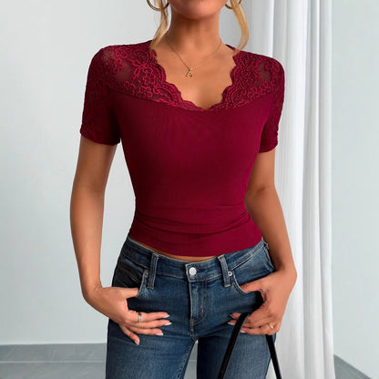 Damen Spitze Manschettenbluse Kurze Ärmel Spitze Ausschnitt Weiß