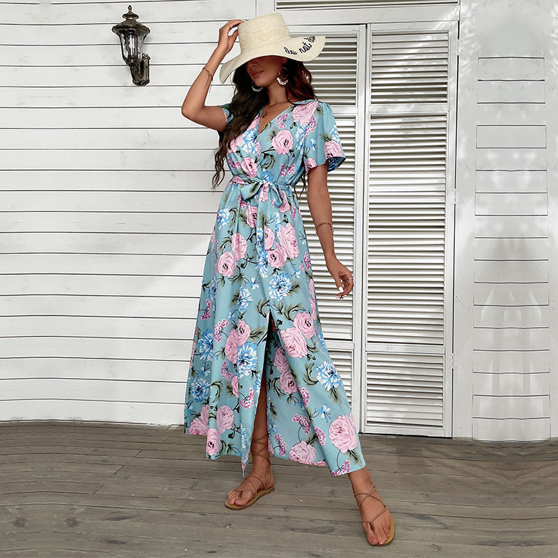Damen Maxikleid Floralmuster Elegantes Wickeldesign
