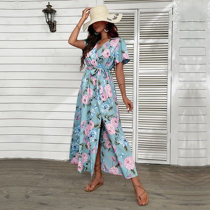 Damen Maxikleid Floralmuster Elegantes Wickeldesign