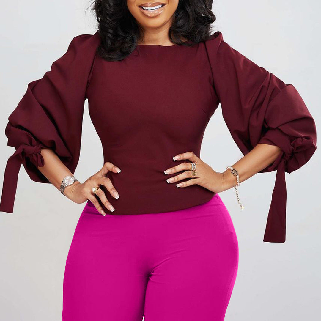 Damen Bluse mit Taillenband Puffärmel Norvielle