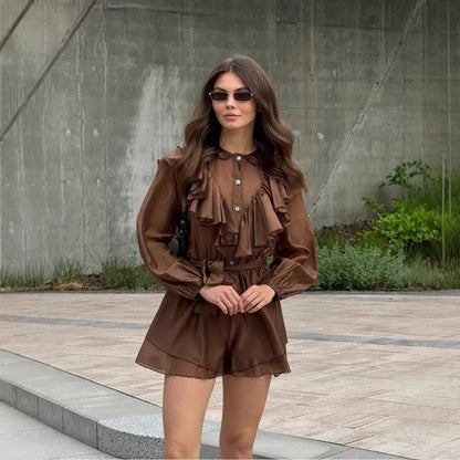 Damen Chiffon-Set mit Rüschendetails und Taillengürtel