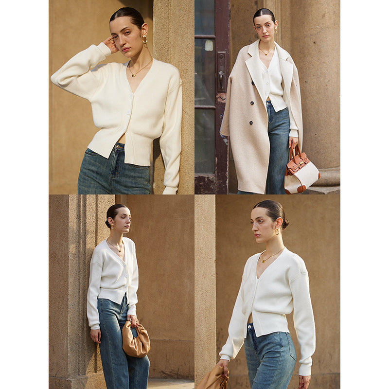 Damen Strickjacke V-Ausschnitt Knöpfe Elegantes Design