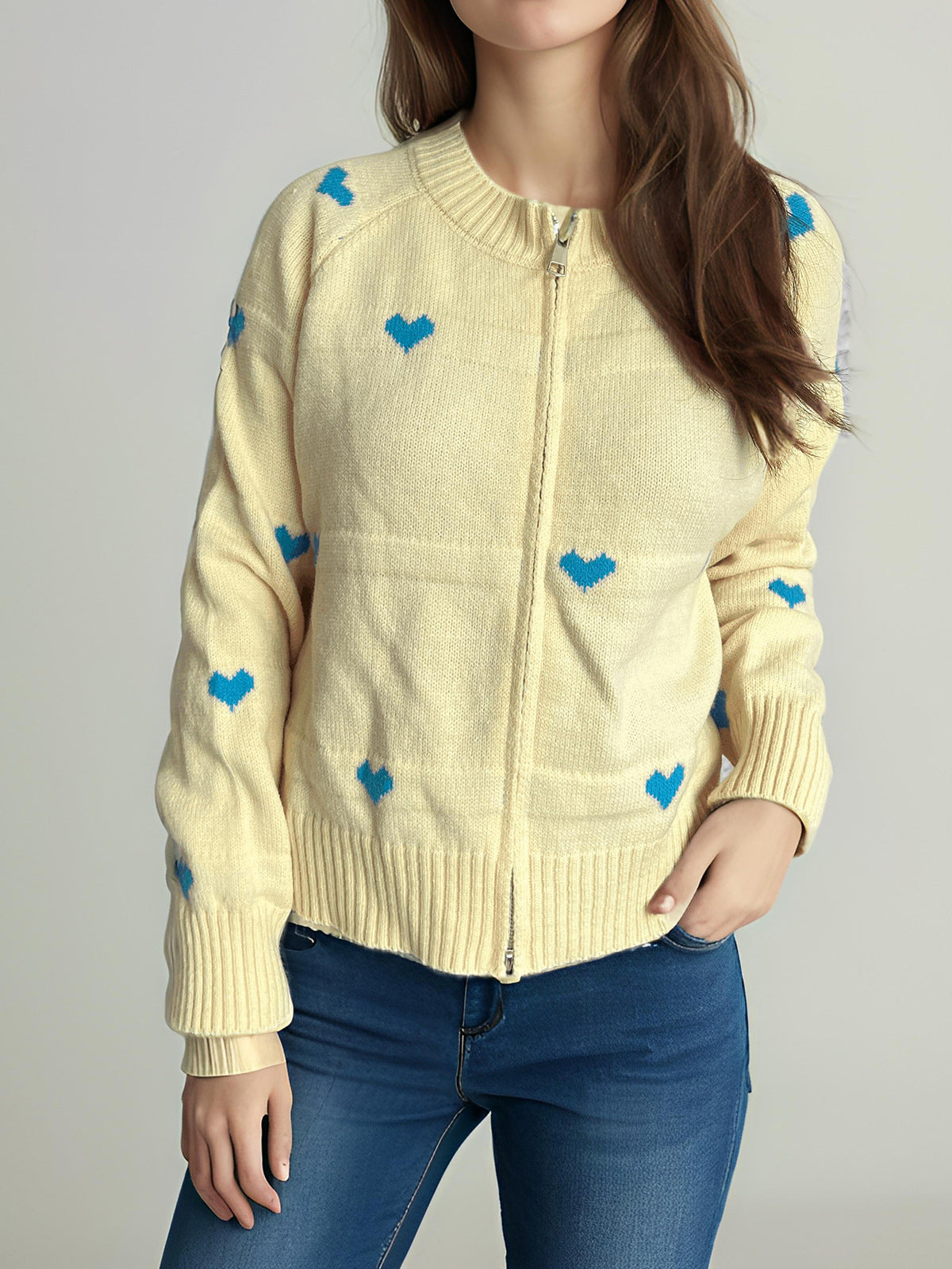 Damen Strickcardigan Herzmuster Reißverschluss Norvielle