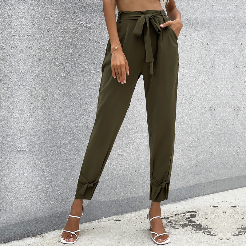 Damen Chinohose Lässig Mit Bindegürtel Schwarz - Norvielle