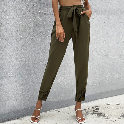 Damen Chinohose Lässig Mit Bindegürtel Schwarz - Norvielle