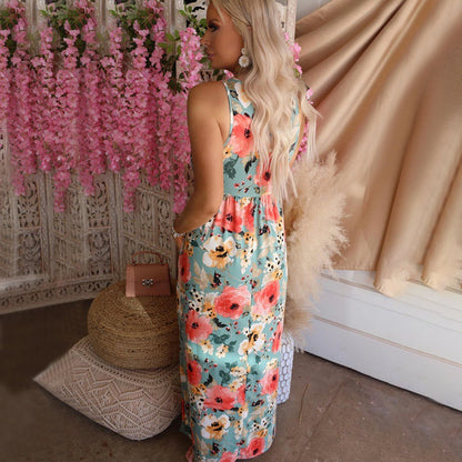 Damen Maxikleid Florales Design Elastischer Taillenbund