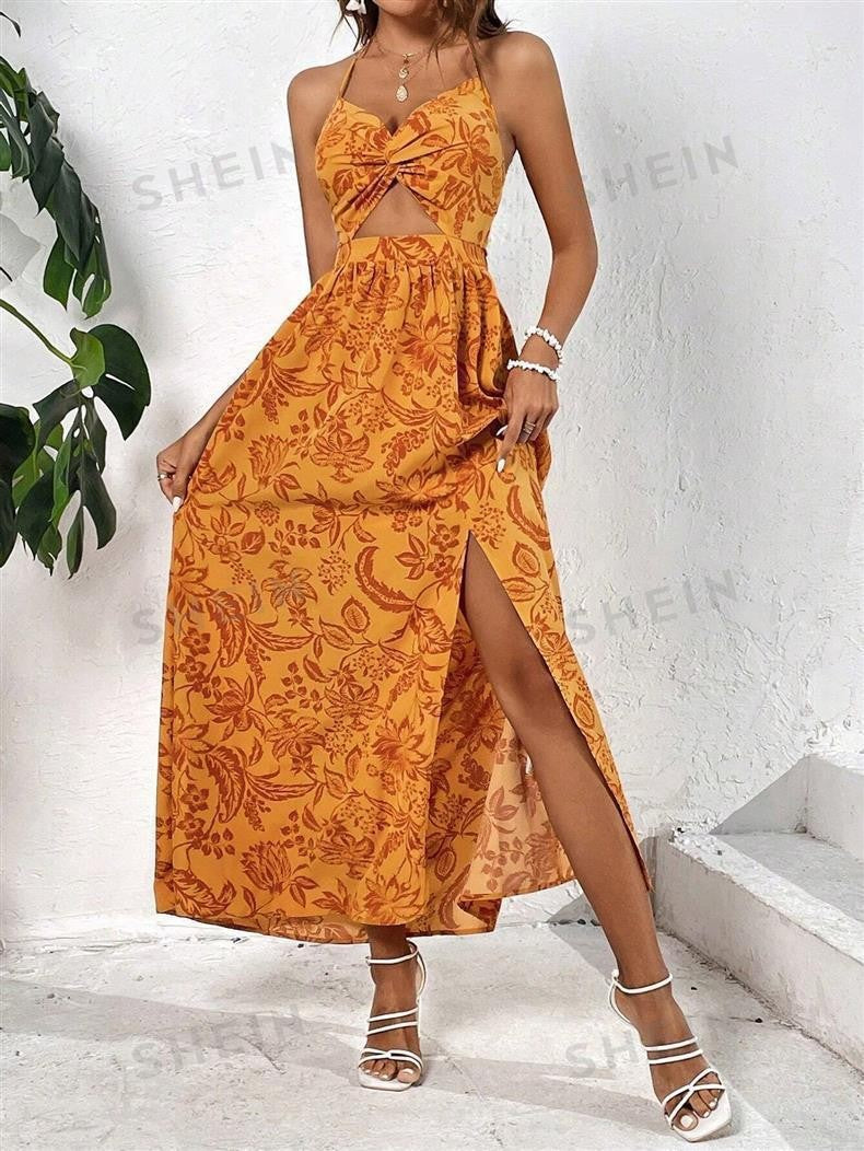 Damen Maxikleid Florales Design Seitenschlitz Norvielle